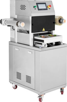 Sottosegnatore automatico commerciale di vassoi con acciaio inossidabile di grado alimentare 304 e muffe di alluminio anodizzato 6061 per imballaggi in atmosfera modificata