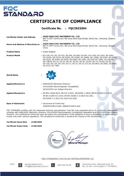 La CINA Xian Yang Chic Machinery Co., Ltd. Certificazioni